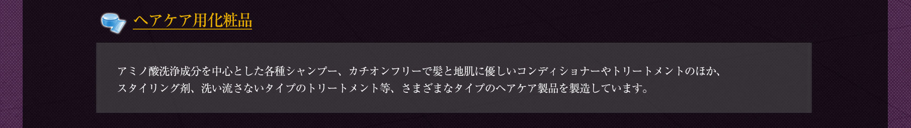 ◆「ヘアケア用化粧品」アミノ酸洗浄成分を中心とした各種シャンプー、カチオンフリーで髪と地肌に優しいコンディショナーやトリートメントのほか、スタイリング剤、洗い流さないタイプのトリートメント等、さまざまなタイプのヘアケア製品を製造しています。